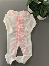 Romany/Spanish White Baby Grow With White Lace Pink Ribbon & Bows Size 0-3 Month