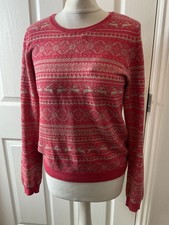 M&S ladies jumper pink beige fairisle nordic scandi knitted wool UK 12 Christmas