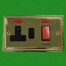 2 Gang, Georgian Brass, 13A UK 3 Pin Mains Socket, 45A Cooker Control Switch