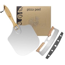 Pizza Peel Set 12" Paddle with Foldable Wood Handle & Cutter for Homemade Pizza