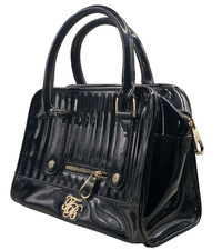 Ted Baker Handbag Black PVC lined Zip pockets ribbed Gold colour Logo zips VGC