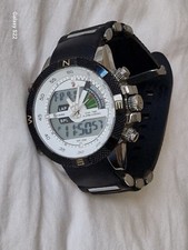 Shark Dual Time Digital Quartz Date Alarm Sports Watch Mens Black Silicone Strap