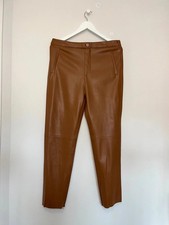 ZARA Tan Faux Leather Trousers Ankle Zip Slim Fit XL Short Leg