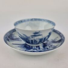 Antique Chinese Nanking Cargo Blue & White Tea Bowl And Saucer Pagoda River