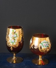 Beautiful Vintage Hand Decorated Red Czechoslovakian Bohemian Glasses set of 2