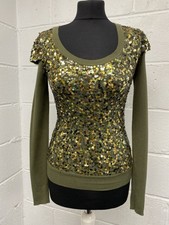 Karen Millen Khaki Green Knitted Jumper With Gold Sequin Front Size 6 PT