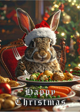 RABBIT CHRISTMAS CARD WITH A CUTE BUNNY IN A XMAS HAT WITH CHRISTMAS DINNER