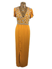 VIRGOS LOUNGE DRESS 8 OCHRE MUSTARD Floral Beaded Sequin Upper Wrap Slit Long