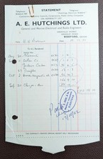 1962 A. E. Hutchings Ltd Marine Electrical Bideford Invoice
