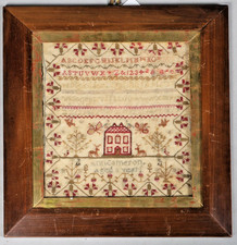 Antique Pictorial Needlework  Sampler Framed Victorian Ann Cameron Aged 8