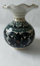 Studio Pottery Lovely Vintage Vase Ruffled Rim Black, Green, Duck Egg 18.5cm
