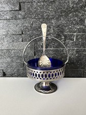 Vintage Sugar Jam Bowl Dish Cobalt Blue Glass Silver Plated Spoon