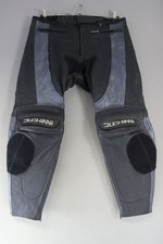 DUCHINNI BLACK & SILVER LEATHER BIKER TROUSERS: WAIST 34-36 IN/INSIDE LEG 30 IN