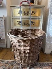 VINTAGE WICKER WOVEN SHOPPING PULL ALONG TROLLEY BASKET MID CENTURY RETRO KITSCH