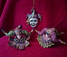 3 xmas tree decorations jesters, masks. mardi gras, venice carnival style