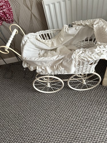 White wicker doll pram - white,