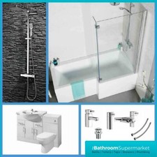 L Shaped Bathroom Suite 1700 Bath 850mm Vanity Unit BTW Toilet WC Taps & Shower