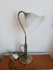 Antique Brushed Brass Swan Neck Desk Table Lamp & Glass Shade Made In England 