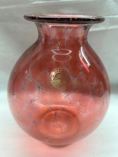 Lovely Welsh Laugharne Hand Blown Glass Pink Round Vase Crackle Effect