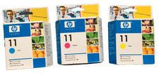 HP 11 Colour Ink Cartridges. 3 Cartridges, Unopened Boxes. Out of Date.