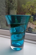 Whitefriars Glass Vase 9709 Kingfisher Blue With Green Ribbon Trail Decoration