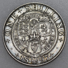 1897  VICTORIA OLD HEAD, SHILLING, BRITISH SILVER COIN, EF