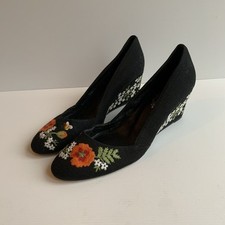 Lulu Guinness embroidered wedge shoes US 8.5 UK 6 6.5 VGC black floral courts