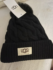 Ugg Double Knit Pom Pom Hat, Black, One Size, Unisex, Fur Lined, NEW!!
