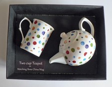 Spots 2 cup teapot,with matching bone china mug -  gift boxed. Dots polka dots