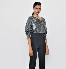 ZARA -  Black & Silver Sequin Top - Size S (Small) Long Sleeves