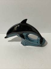 Poole Pottery Ceramic Dolphin Leaping On A Wave Blue Black Glaze 15.5 X 23 Cms