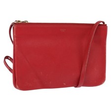 CELINE Trio Shoulder Bag Leather Red Gold Auth fm4933