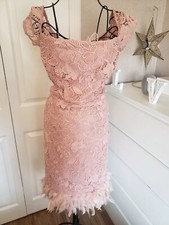 Lipsy Feather Hem Nude Pink Lace Dress Size 12 Party Occasion Wedding Evening