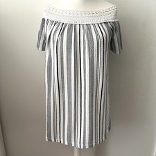 Zara Size L Navy White Striped Top Stretch On Off Shoulder Lace Neckline