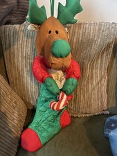 Vintage 1980s Puffalump Style Parachute Nylon 24" Reindeer Christmas Stocking