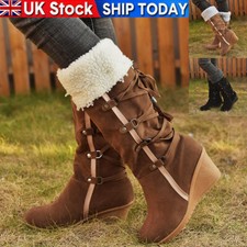WOMEN FUR LINED WINTER WARM SHOES LOW HEEL MID CALF LADIES HIGH BOOTS SIZE 3-8