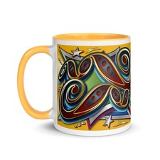 FAIRGROUND SCROLLS Artwork Mug in Yellow -  Funfair Ride Waltzer Skid Roundabout