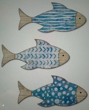 3 FISH SWIMMING 2D rustic Vintage Wooden WALL HANGING Decor see Pics Sweet Items