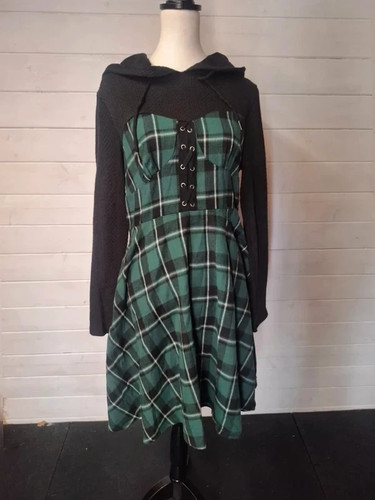 Hooded plaid dress green black - plaid,