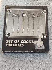 Vintage cocktail prickles set , forks , In Box,  silver metal, fruit design ,