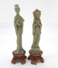 Vintage Chinese Green Natural Stone Hand Carved  Female Figures X 2 
