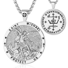 Sterling Silver Saint St Michael Necklace, Medalla de San Miguel Arcangel, Wo...