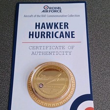 RAF HAWKER HURRICANE ROYAL AIR FORCE 44m ENAMELLED GOLD PLATED MEDAL - coa