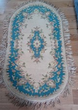 Rug Blue & Cream Floral Pattern Oval 29" X 20" Distressed Display Prop 