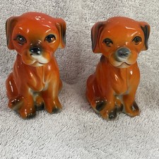 Vintage Orange Dog x 2 Ceramic Mid Century Figures Oriental Ornament Chinese