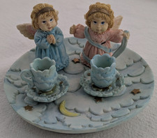 Young's Inc Ceramic Miniature Angel Cherub Teacup Night time Plate Vintage