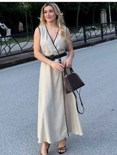 ZARA BEIGE BLACK MIDI DRESS