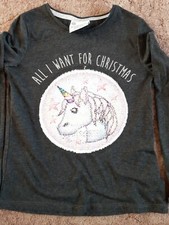 Age 8-9 years grey long sleeved Christmas top t-shirt Unicorn flip sequin emoji.