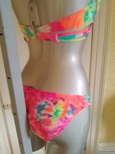 Multi Col Neon Bikini Set Padded Push Up Halter Top UK 34c Strappy Bottoms UK 14