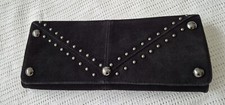 Faith Black Leather Suede Clutch Bag, Silver-tone Stud Detail 